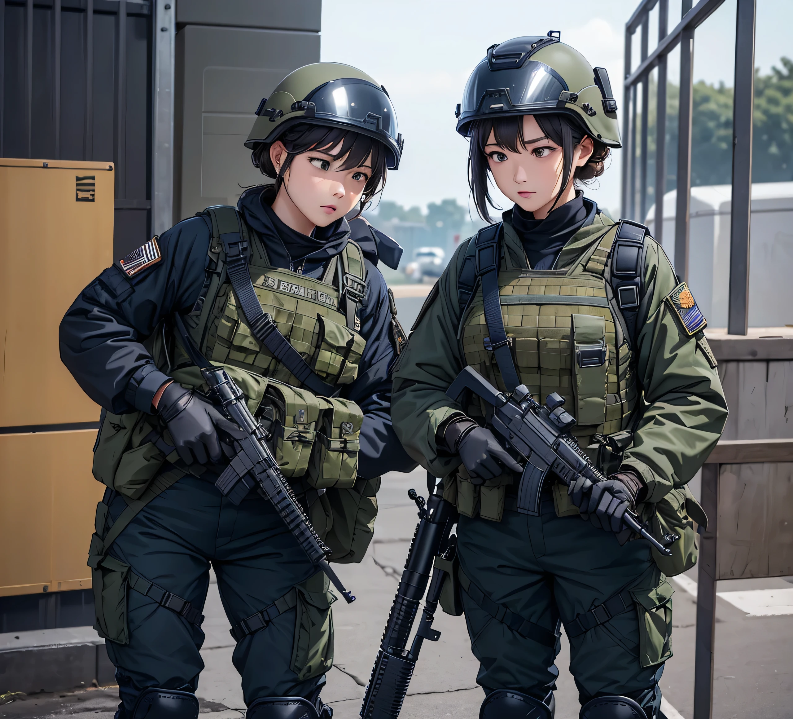 A group of female special forces soldiers wearing helmets，Wearing navy blue、Military Pants、Magazine Pouch、Tactical harness、With a gun in hand，Knee pads，Military base gate，Write details、masterpiece、best quality、Highly detailed CG、8K picture quality