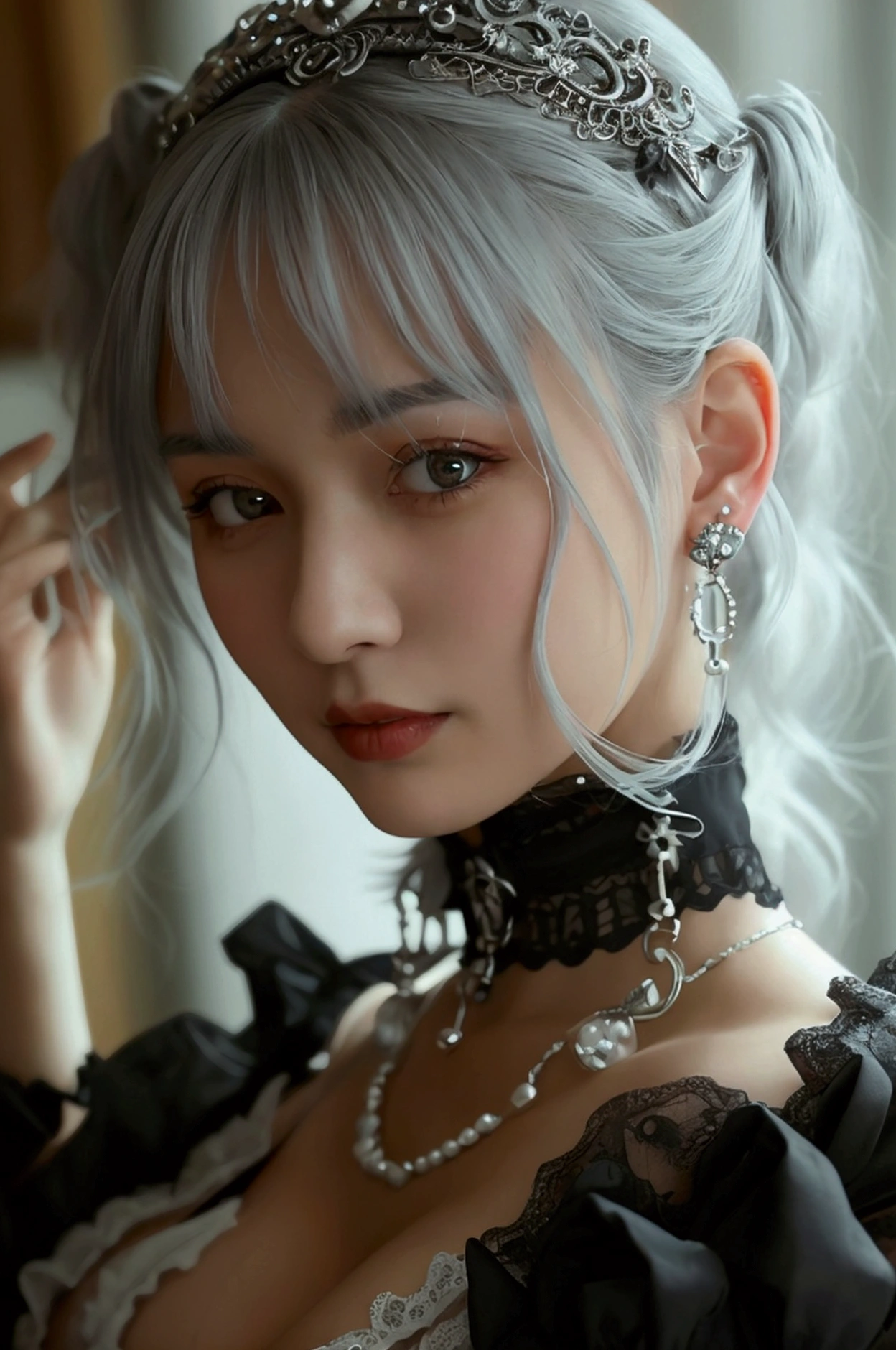 high quality, Lots of details, A girl with silver hair and twin tails poses cutely. They are dressed in vintage gothic clothing, Putting on a bracelet, Earrings and Necklaces. I can see big things. The photo is a close-up of the face, Cleavage, Shining Breasts, Sweat in cleavage, Sexy vibe.