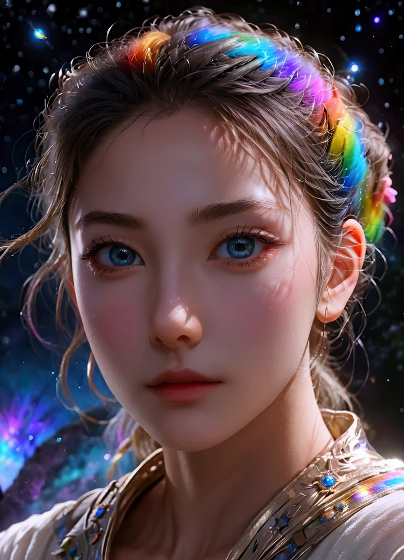 Masterpiece, Superb Girl, Cute Girl, Bust, High Detail Eyes, Perfect Eyes, Portrait, High Detail Face, Same Eyes, Glare, Rainbow Color, Global Illumination, Soft Light, Dream Light, Digital Painting, 8K Close-up, Fantasy, Night Sky, Stars, Nebula, White Crystal, Moonlight, Serenity, Summer, (8K:1.1)