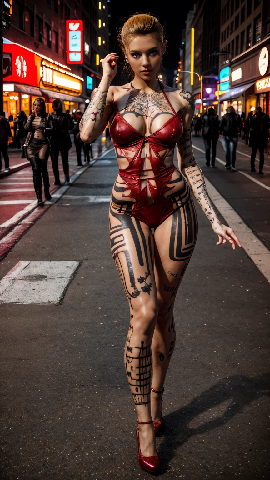 full body portrait, wide angle, a woman in her late 30s, various modeling poses,slim_soft_and_slender build, (very low set breasts:1.4), (small bust:1.4), bodycon dress (red:1.4), honey blonde hair in a messy bun, 8k,masterpiece,strong detailed,vivid colors,extremely detailed tattoos,extremely detailed face and body, perfect posing, perfect anatomy, masseffectembed, crowded NYC street, jack