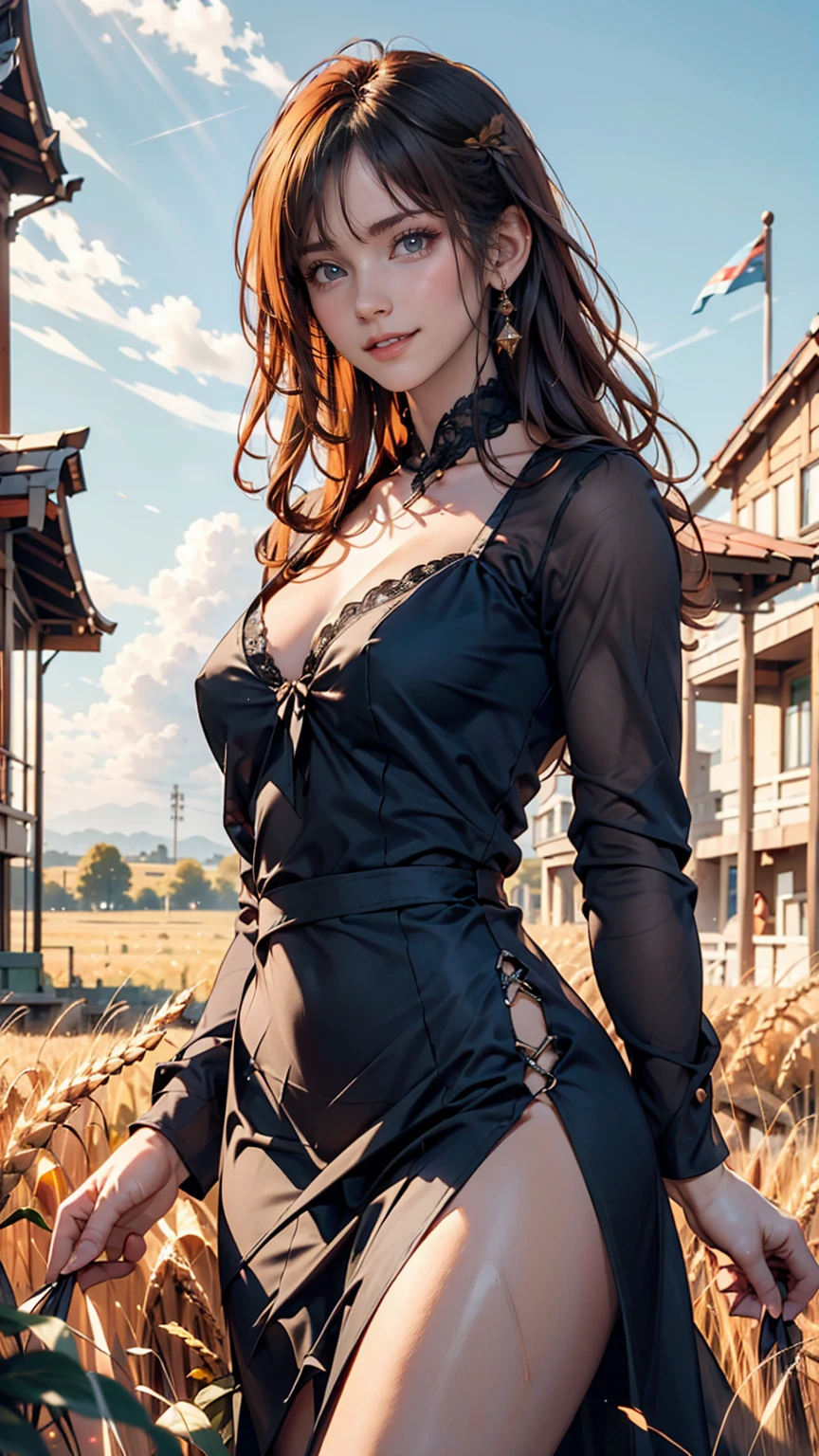 1 person, alone, Long Orange Hair, running, (Tall wheat field), I turn around, Emerald Eyes, long blue dress, middle ages, middle agesの衣装, long sleeves, Light from behind, Shadow of a person, smile, Laughter, (blue sky), Wheat background, Standing in the distance, Looking at the audience, full length