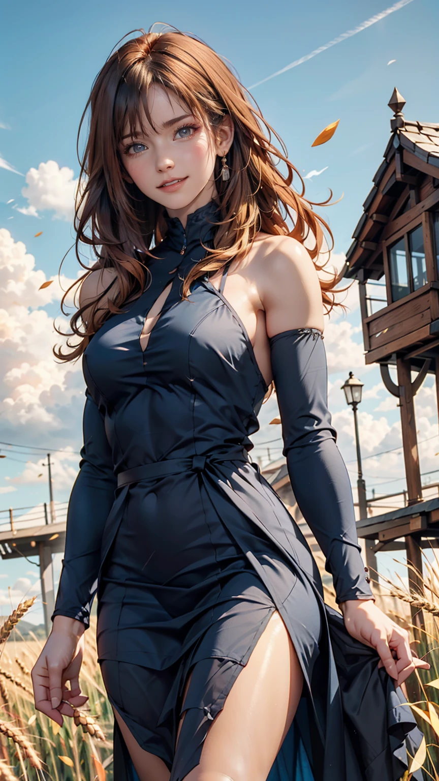 1 girl with waist-length light brown hair with waves, blue eyes, medium breasts, slim waist casual dress