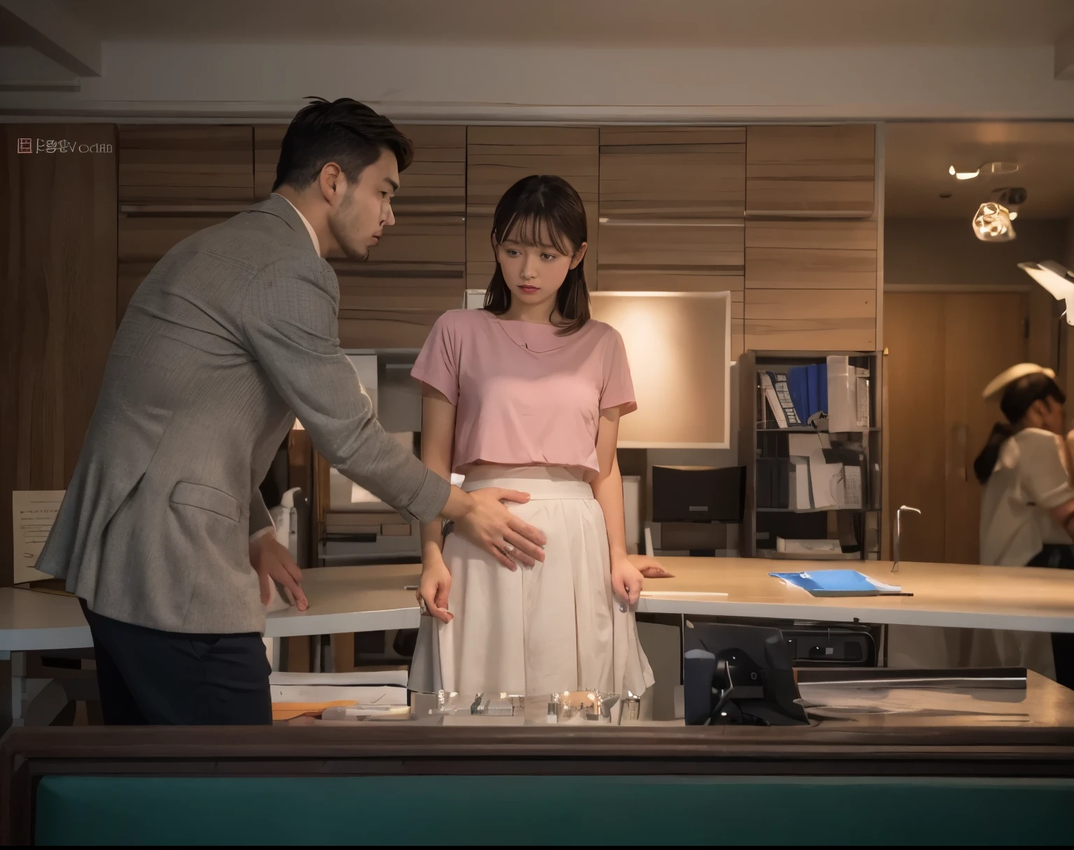 Scene in the training room。A female announcer wearing a pink short-sleeved blouse and a white skirt、I am receiving vocal training using diaphragmatic breathing.。The woman looked a little surprised.、The male trainer placed his hands on her crotch area below her stomach.、Teaches correct breathing techniques。The male trainer is wearing a gray suit、He explains with a serious expression。In the background, an office-like interior can be seen.、Desks and shelves、The monitor is placed。Overall calm atmosphere in the room。(RAW Photos, Highest quality), (Realistic, Realistic:1.4), (masterpiece), Very delicate and beautiful, Very detailed, 2k wallpaper, wonderful, finely, Very detailed CG Unity 8K 壁紙, Very detailed, High resolution, Soft Light, Beautiful detailed woman, Very detailed目と顔, Beautiful and sophisticated nose, finelyて美しい目 (short hair), Lapel microphone、Complete Anatomy, Slender body