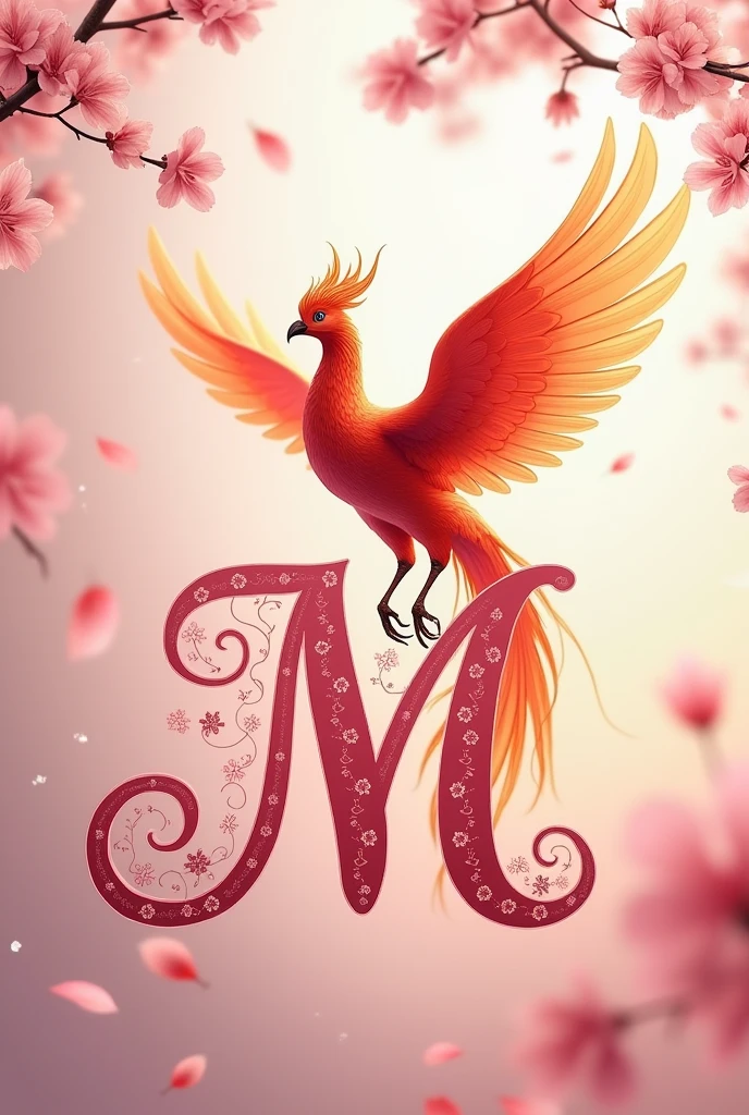 Pink cursive capital letter M with elegant details with cherry blossoms and a large phoenix bird on it with open wings taking flight, long tail raised and tender eyes 

