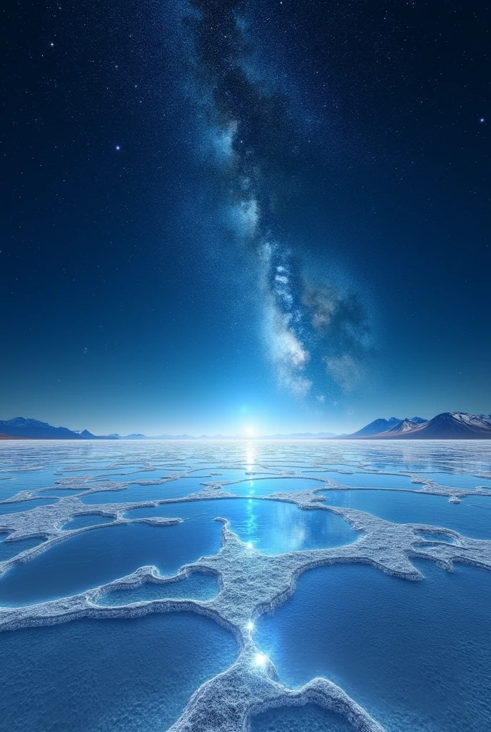 (masterpiece, Highest quality, shape, Subtle details, 8k:1.2),(Highly detailed CG Unity 8k wallpaper), (Highest quality), (Best illustrations), (Photo shoot by a professional photographer:1.2),(Best Shadow), Realistic lighting, A 3D digital image of a vast salt flat resembling the Uyuni Salt Flats, stretching endlessly towards the horizon. The night sky is filled with countless stars, each twinkling brilliantly against the dark, clear sky. The entire expanse of the salt flat is covered with a thin layer of water, perfectly reflecting the stars like a mirror, creating an otherworldly scene where the Earth and sky seem to merge into one. Gentle ripples on the water's surface cause the starlight reflections to shimmer and dance, adding to the peaceful and mystical atmosphere. The image evokes a deep sense of wonder and awe, capturing the quiet beauty and mysterious connection between Earth and the universe in this tranquil, reflective landscape.,A stunning 3D digital image of a vast, serene salt flat reminiscent of Bolivia's Uyuni Salt Flats, stretching endlessly towards the distant horizon under a starry night sky. The sky is filled with countless stars, shining brightly and covering the entire dome of the heavens. The salt flat is partially submerged in a thin layer of water, creating a mirror-like surface that perfectly reflects the stars, making it appear as though the Earth and sky are one. The gentle, almost imperceptible movement of the water causes the reflections to slightly waver, adding a soft, dreamlike quality to the scene. The overall composition is calm, silent, and profoundly beautiful, inviting the viewer to contemplate the mysterious and harmonious connection between the Earth and the cosmos.