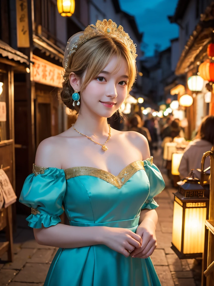 A vibrant anime-style scene set in a lively, illuminated street market at twilight. The central character is a young woman with fair skin, short blonde hair with a slight wave, and bright green eyes, standing confidently in the middle of a traditional Japanese market. She wears a luxurious, form-fitting white dress with a gold and blue diamond pattern along the bodice and waist, adorned with delicate jewelry, including a pearl necklace and turquoise earrings. The dress is elegantly detailed with ruffles at the hem and off-the-shoulder puff sleeves. Her expression is cheerful and inviting, with a gentle smile accentuated by soft blush on her cheeks. The background features warm golden lanterns hanging overhead, casting a soft glow on the cobblestone street and wooden stalls. Merchants and customers can be seen in the background, blurred slightly to focus on the central figure. The lighting is dynamic, capturing the warm glow of the lanterns contrasted against the deep blue evening sky. The camera angle is slightly low, emphasizing the character’s elegance while giving a cinematic depth to the vibrant market scene.