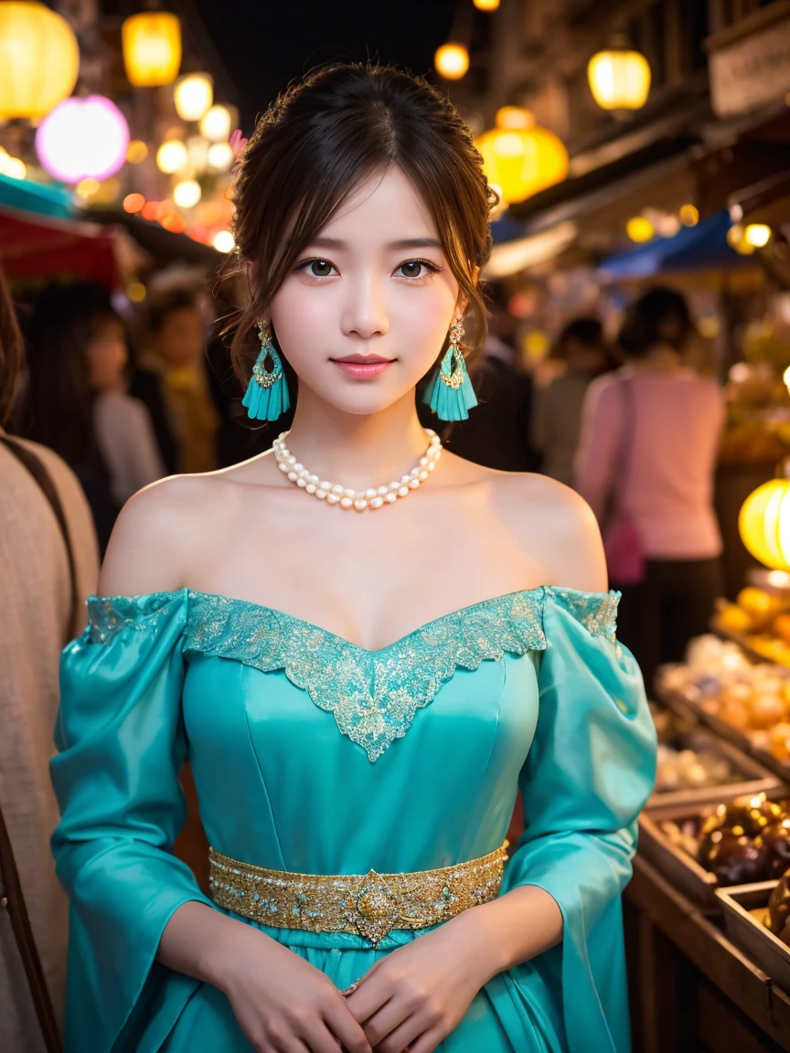 A vibrant anime-style scene set in a lively, illuminated street market at twilight. The central character is a young woman with fair skin, short blonde hair with a slight wave, and bright green eyes, standing confidently in the middle of a traditional Japanese market. She wears a luxurious, form-fitting white dress with a gold and blue diamond pattern along the bodice and waist, adorned with delicate jewelry, including a pearl necklace and turquoise earrings. The dress is elegantly detailed with ruffles at the hem and off-the-shoulder puff sleeves. Her expression is cheerful and inviting, with a gentle smile accentuated by soft blush on her cheeks. The background features warm golden lanterns hanging overhead, casting a soft glow on the cobblestone street and wooden stalls. Merchants and customers can be seen in the background, blurred slightly to focus on the central figure. The lighting is dynamic, capturing the warm glow of the lanterns contrasted against the deep blue evening sky. The camera angle is slightly low, emphasizing the character’s elegance while giving a cinematic depth to the vibrant market scene.