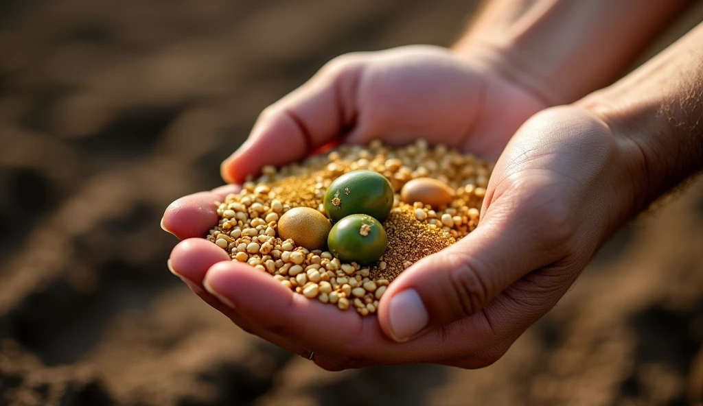 Create a close-up image of a hand holding several different seeds – wheat, Uvas, olives, and gold dust – ready to be planted in fertile soil. Each seed represents a type of investment and the potential future harvest. Ao fundo, show the prepared soil slightly out of focus, with small divisions where the seeds will be planted, symbolizing the diversification strategy. The hand should be positioned in a way that suggests care and intention., highlighting the importance of planting wisely to maximize opportunities.