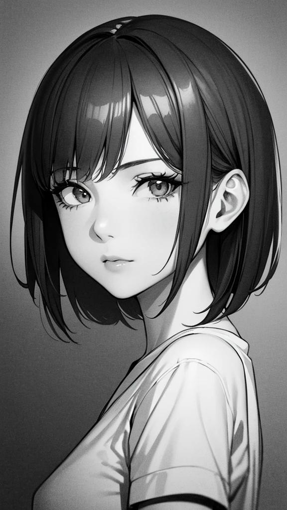 1girl, solo, sharp eyes, monochrome, greyscale, short black hair, portrait, T-shirt, closed mouth, looking at viewer, sketch, graphite \(medium\), detailed lips, hatching \(texture\), without makeup, bangs, upper body, (best illustration), (best quality), (very detailed), (masterpiece), 30 year girl, 