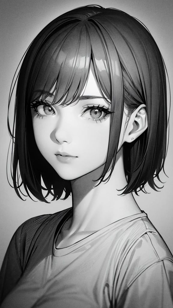 1girl, solo, sharp eyes, monochrome, greyscale, short black hair, portrait, T-shirt, closed mouth, looking at viewer, sketch, graphite \(medium\), detailed lips, hatching \(texture\), without makeup, bangs, upper body, (best illustration), (best quality), (very detailed), (masterpiece), 30 year girl,