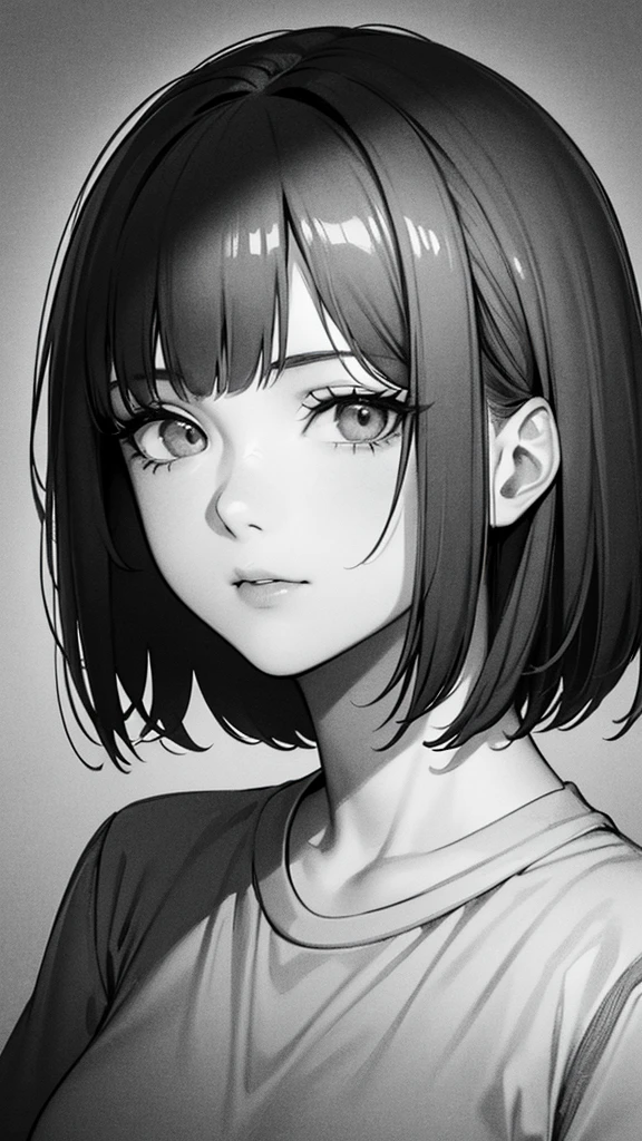 1girl, solo, sharp eyes, monochrome, greyscale, short black hair, portrait, T-shirt, closed mouth, looking at viewer, sketch, graphite \(medium\), detailed lips, hatching \(texture\), without makeup, bangs, upper body, (best illustration), (best quality), (very detailed), (masterpiece), 30 year girl, 