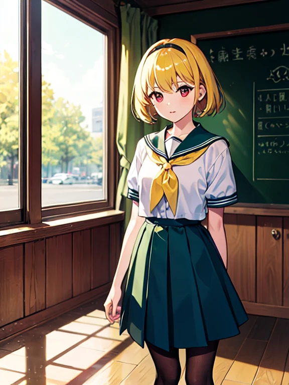 masterpiece,Highest quality,1girl,(Satoko Hojo),Blonde,short hair,hair band,Red eyes,tooth,Green Dress,White sailor collar,Yellow neckerchief,Short sleeve,Puff sleeves,Black Pantyhose,Flat Chest,Are standing, School, Natural Light、machine、blackboard、window