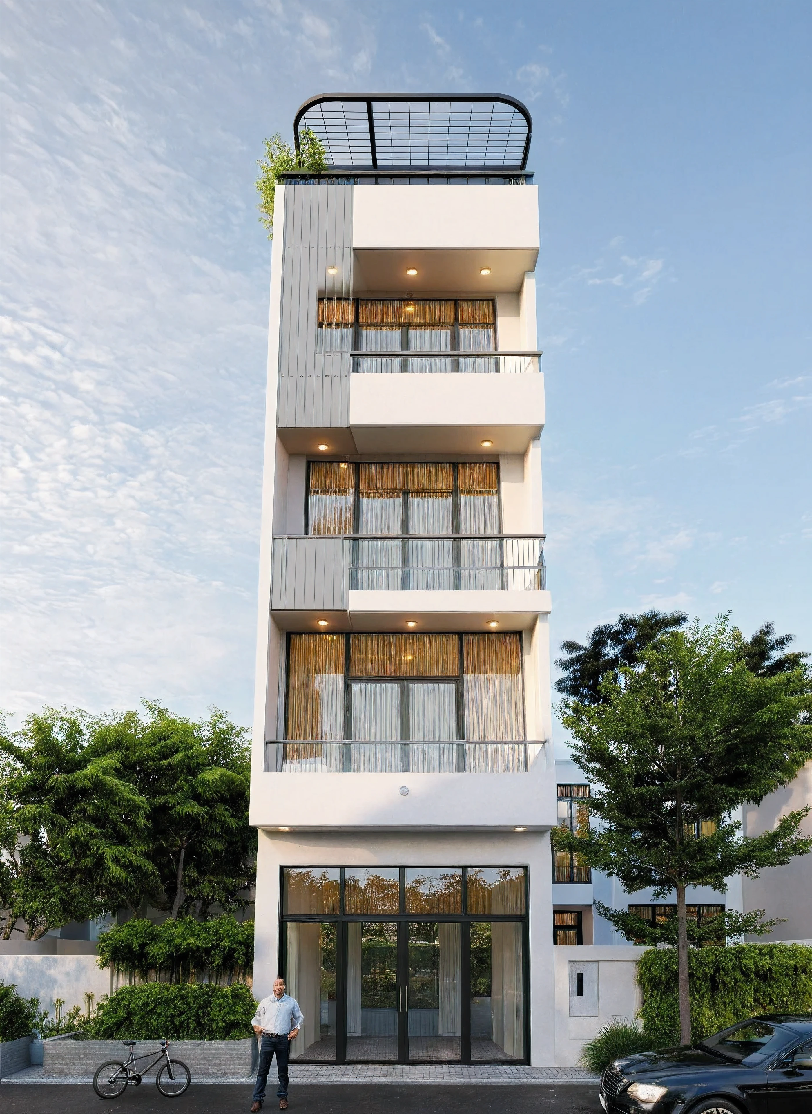 townhouse, Led light, spotlight out door, (modern style:1.2), (Open roof to see the sky), exterior design, perspective view, (open roof), Pavement, alphalt streets road, (next door neighbor's house), (dawn light sky background), Low trees around the house, overall peaceful atmosphere cinematic photo, hyperrealistic artï¼professional, 8k, highly detailed ï¼, (architectural design visualization), (reflection), (focus on object), (material normal bump real reflection), (scattered light), (hidden light) (light ray), (multi-beam light), (sunbeam) (multi-level reflection), (corona software visualization render:1.2),(((Best Quality))), ((Masterpiece)), ((best illustration)), ((best shadows)), ((Super Detail)), (Intricate lines), (Photorealism),(hyper detail), ((archdaily)), ((award winning design)), (dynamic light), ((day)), (perfect light), (shimering light), ((photorealistic)), ((intricate detail)), ((extreme detail)), ((science)), ((hyper-detail)), ((super detail)), ((super realistic)), ((crazy detail)), ((octane render)), ((Cinematic)), ((trending on artstation)), ((High-fidelity)), ((Viwvid)), ((Crisp)), ((Bright)), ((Stunning)), ((Eye-catching)), ((High-quality)),((Sharp))((Bright)), ((Stunning)), Natural, ((Eye-catching)), ((Illuminating)), ((Flawless)), ((High-quality)),((Sharp edge render)), ((medium soft lighting)), ((photographic render)), ((detailed archviz))