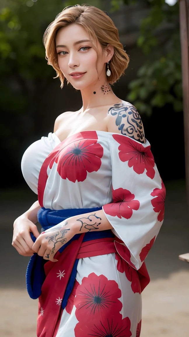 a short bob、a blond、Colossal tits、beautiful breasts beautiful、Kimono、