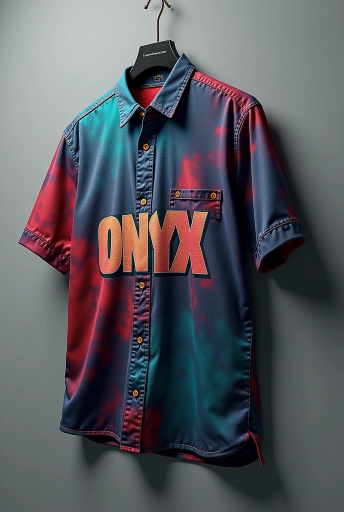 create an image of a realistic and detailed shirt with a very eye-catching print written "onyx" On the chest. Where only the shirt appears in perspective with a gray background