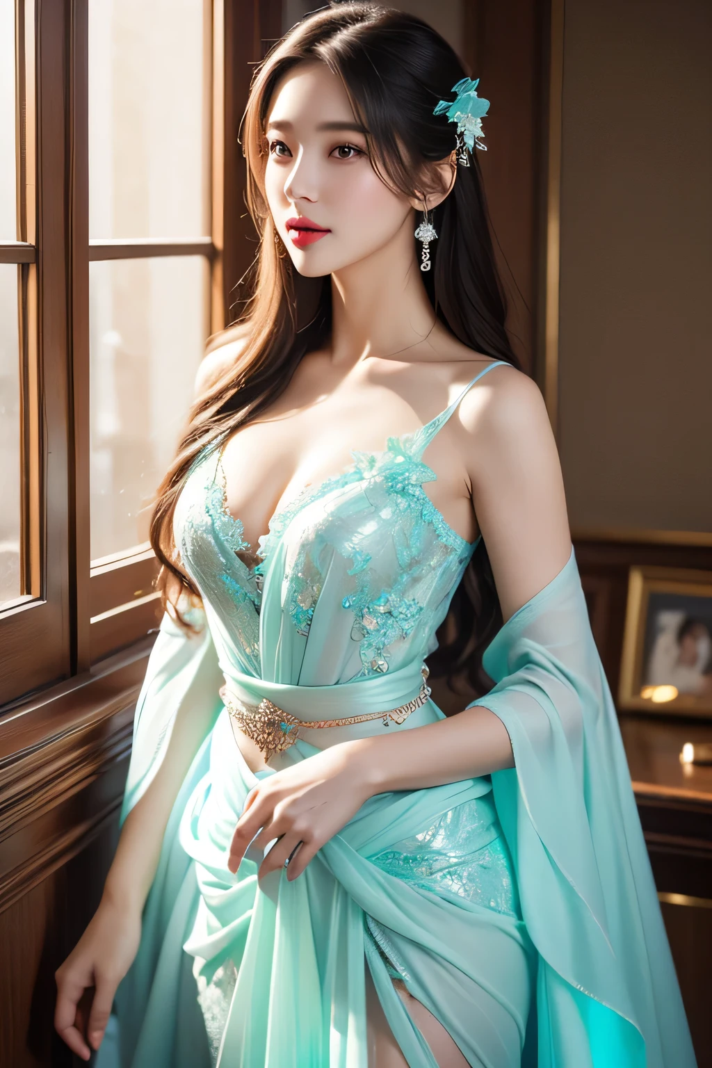 High-quality work,Realistic works,Super premium graphics,8K HD CG works,high quality graphics,High-definition and exquisite CG works,10x pixels,Ultra-fine details:1.1,Advanced technical details:1.1Realistic photo effects,Interior lighting effects:1.5,natural soft light:1.5. Light effect(Virtual light effects:1.8),ultra high resolution,shining dress,sliver long hair,silber hair,transparenthair,high detailed hair(Quality hair details:1.1)Clear eyes,Double eyelids look good,Sharp eye makeup, Create exquisite eyelash makeup, tthin eyebrows, Ultra-detailed eyes,a tall nose, lovely red lips, rosey cheeks, With delicate makeup on her face , pretty face, The face shape is perfectly proportioned,(Advanced facial details:1.1)8K, UHD, Masterpiece, extreme quality, 1 girl, good face, detailed eyes, very long hair, detailed lips, small breasts, detailed empress fantasy dress, cyan fantasy dress, ((glowing dress:1.5)), lace, (bare waist:1.5), flowing sardine, beautiful fantasy, fantasy empress, beautiful alluring Realistic art, shining skin, in the balcony, Realistic shadow, depth of field, ray tracing, god rays, bloom, bokeh effect, , Women's artwork,Dress full body video,Realism,Amazing Cleavage,My eyes are very bright today