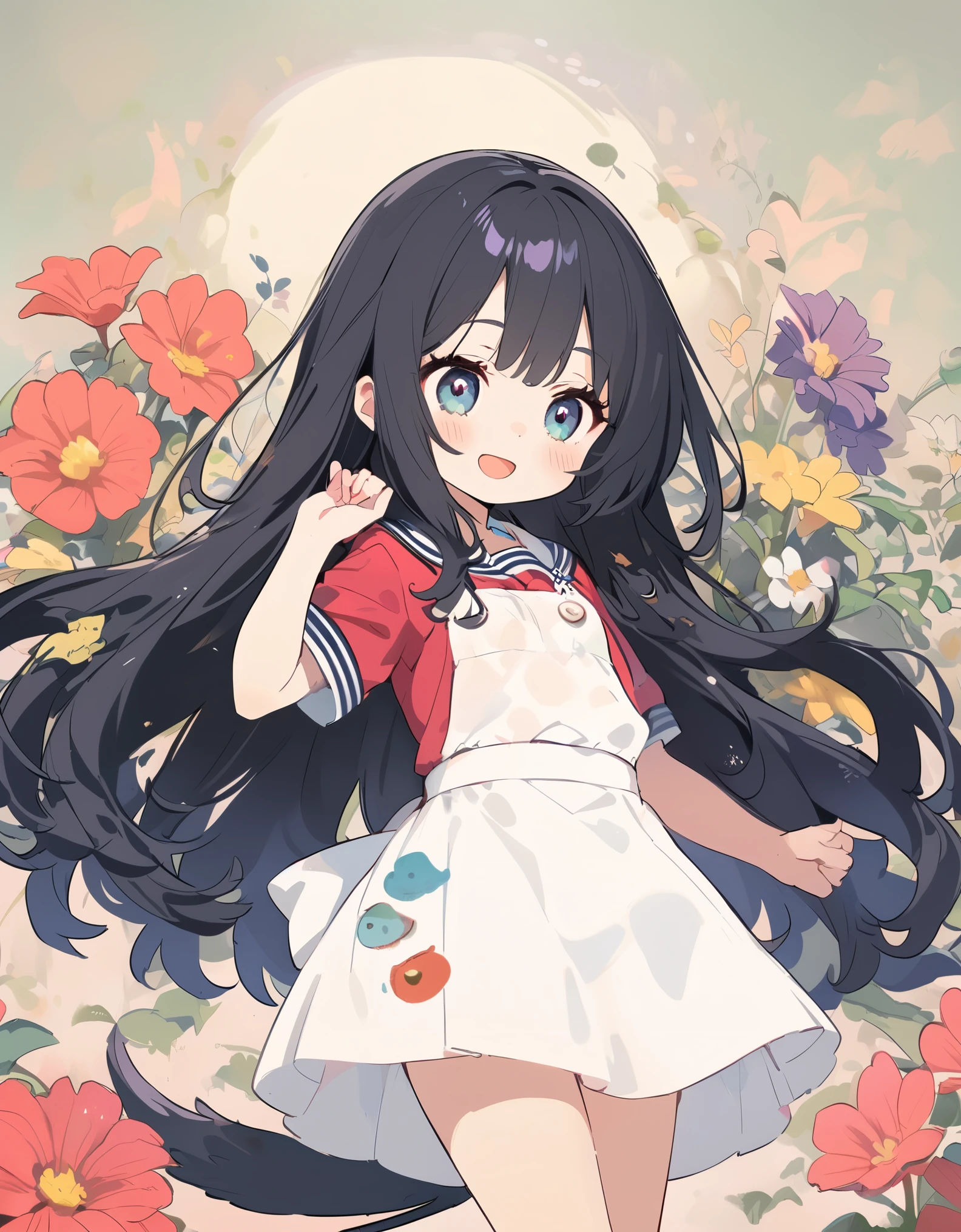 quality\(masterpiece, best quality,8k,非常に精細なCGユニットのwallpaper,High resolution,top-quality,top-quality real texture skin,Surreal,Increase the resolution,RAW Photos,最高quality,Very detailedな,wallpaper\), break ,One person\(Little,So cute, Adorable, cute,Small child,,Little,Big smile,cute笑顔,high school girl\((((Small breasts\(Very detailed\)))),(black:1.3),(((Very large))),Too big,Smooth, Shiny,Peek into\),Sailor suit and apron,whole body,Big eyes,Eyes of the Universe,Long Hair,Long tail,\(Cosmic Hair,long hair、Layered Shaggy,\)\), break ,background\(Florist Bite,Flowers、Covert behavior、Stalker voyeurism\((black:1.5),many kinds of Flowers,beautiful\),Best lighting,\),From afar、