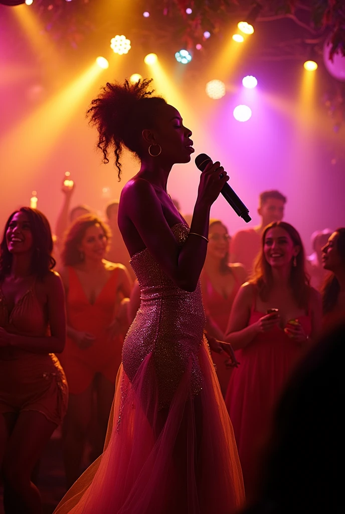 A foreign black female soul singer singing in a flashy outfit at a big party