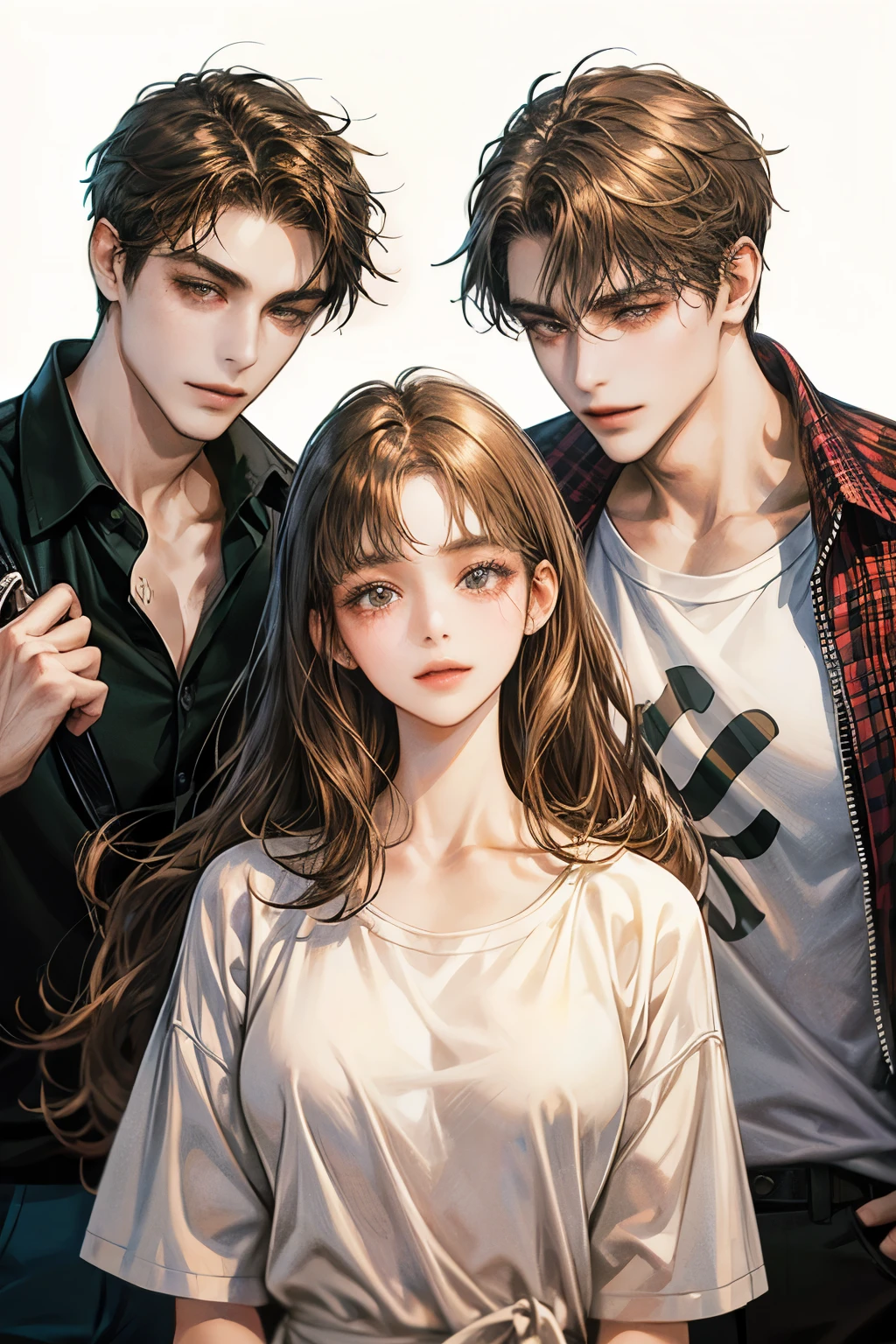 Three man and Three woman, three Couple taking photos,handsome,A man wearing a white shirt..,A woman wearing one-piece clothing,man and womanยิ้ม,heart,parts, t-shirt, brown hair, simple background, long hair, black hair, shill, 