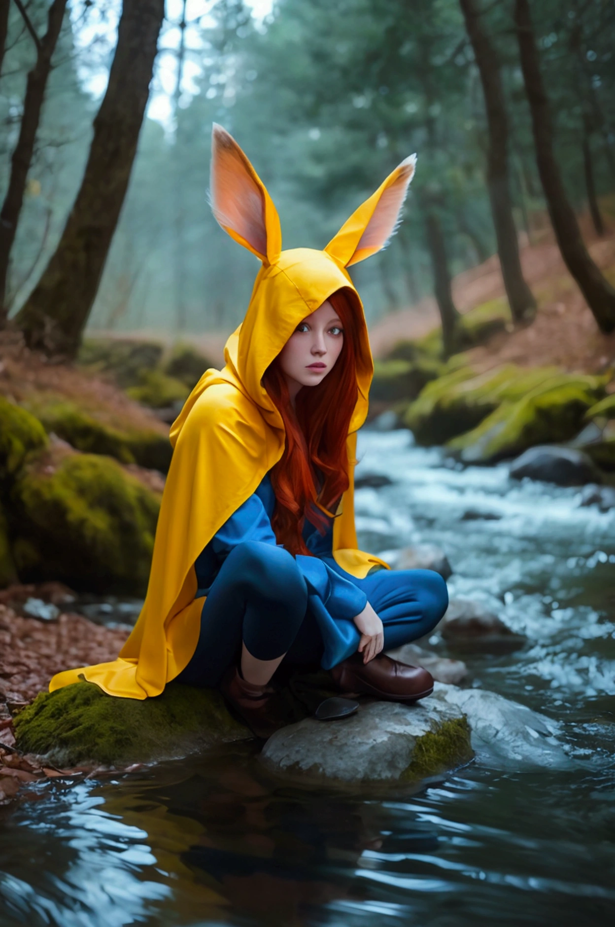 8k, Highest quality, (Realistic:1.4), RAW Photos, One person, Redhead, Animal ears, Blue hooded cape, Ears sticking out, Pause: Sitting on a rock in a forest river, Yellow Eyes,  -