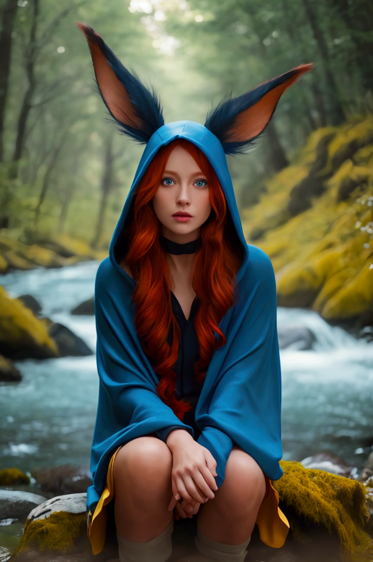 8k, Highest quality, (Realistic:1.4), RAW Photos, One person, Redhead, Animal ears, Blue hooded cape, Ears sticking out, Pause: Sitting on a rock in a forest river, Yellow Eyes, -