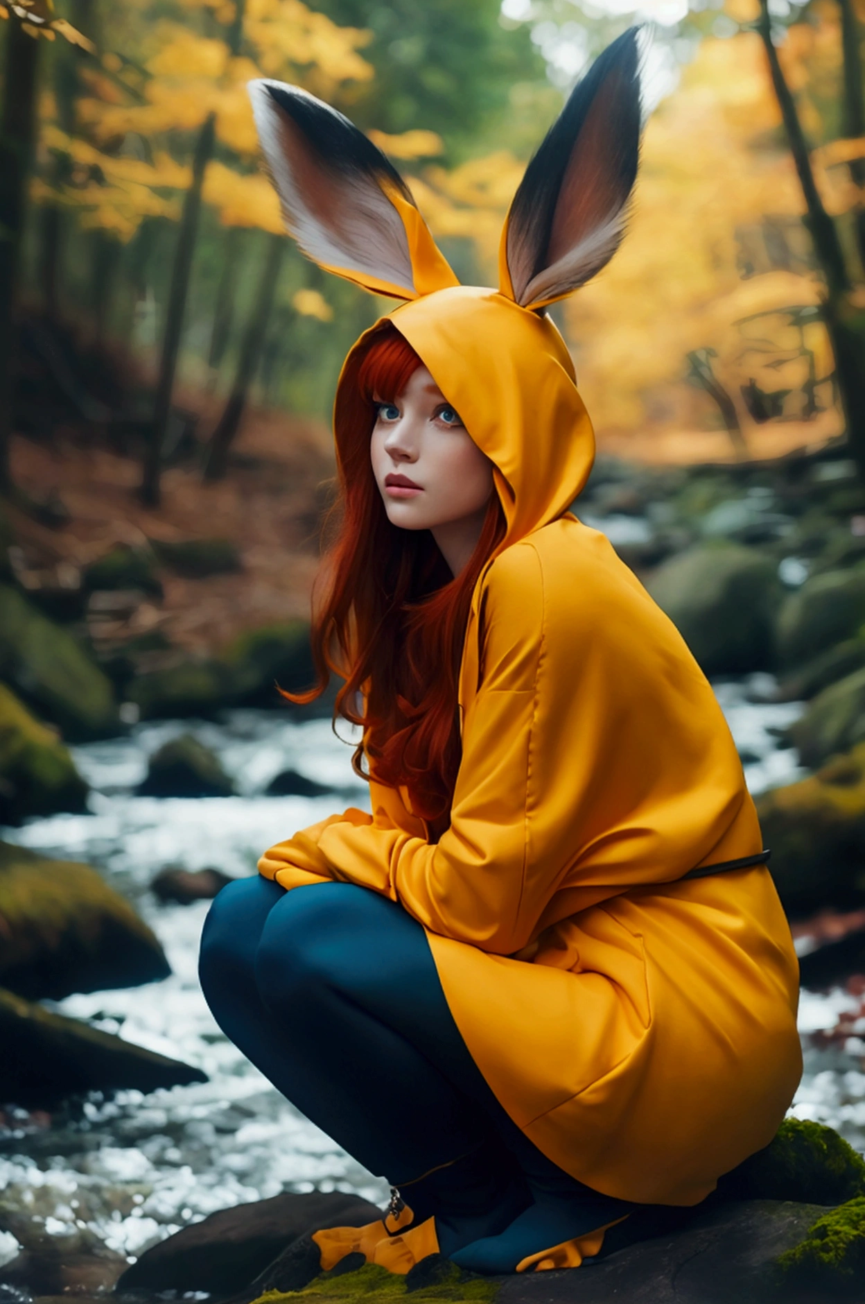 8k, Highest quality, (Realistic:1.4), RAW Photos, One person, Redhead, Animal ears, Blue hooded cape, Ears sticking out, Pause: Sitting on a rock in a forest river, Yellow Eyes,  -
