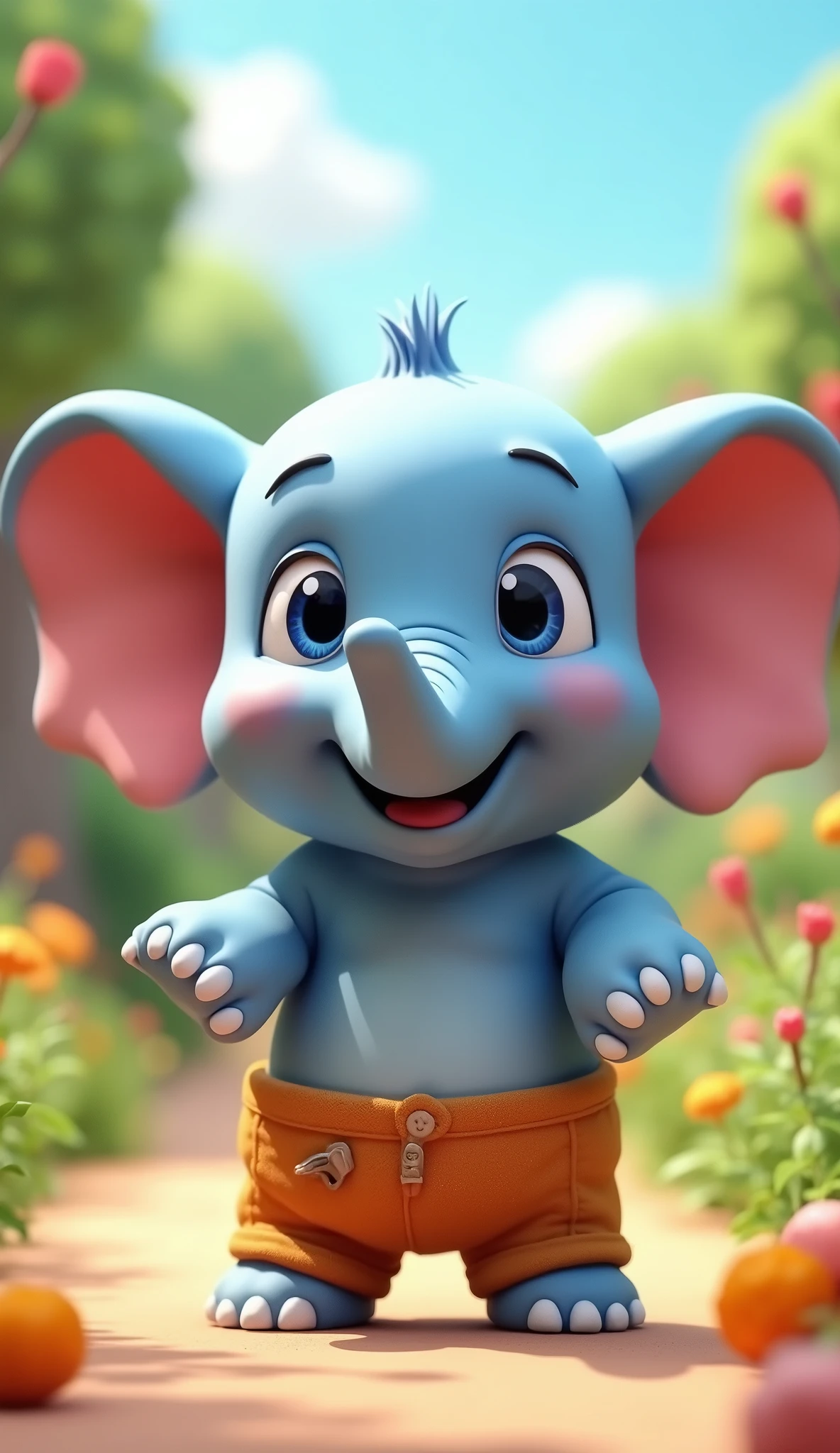 Perfect centering, Looking at the camera, a close up 2/3 of a cartoon blue elephant wearing a pants, 3 d animation demo reel, 3d animation, 3 d animation, 3 d animated movie, 3d animated, 3 d animated, tv commercial, clay animation, cgi animation, cute! c4d, cute 3 d render, pixar 3 d animation style, 4 k, 3 d cartoon