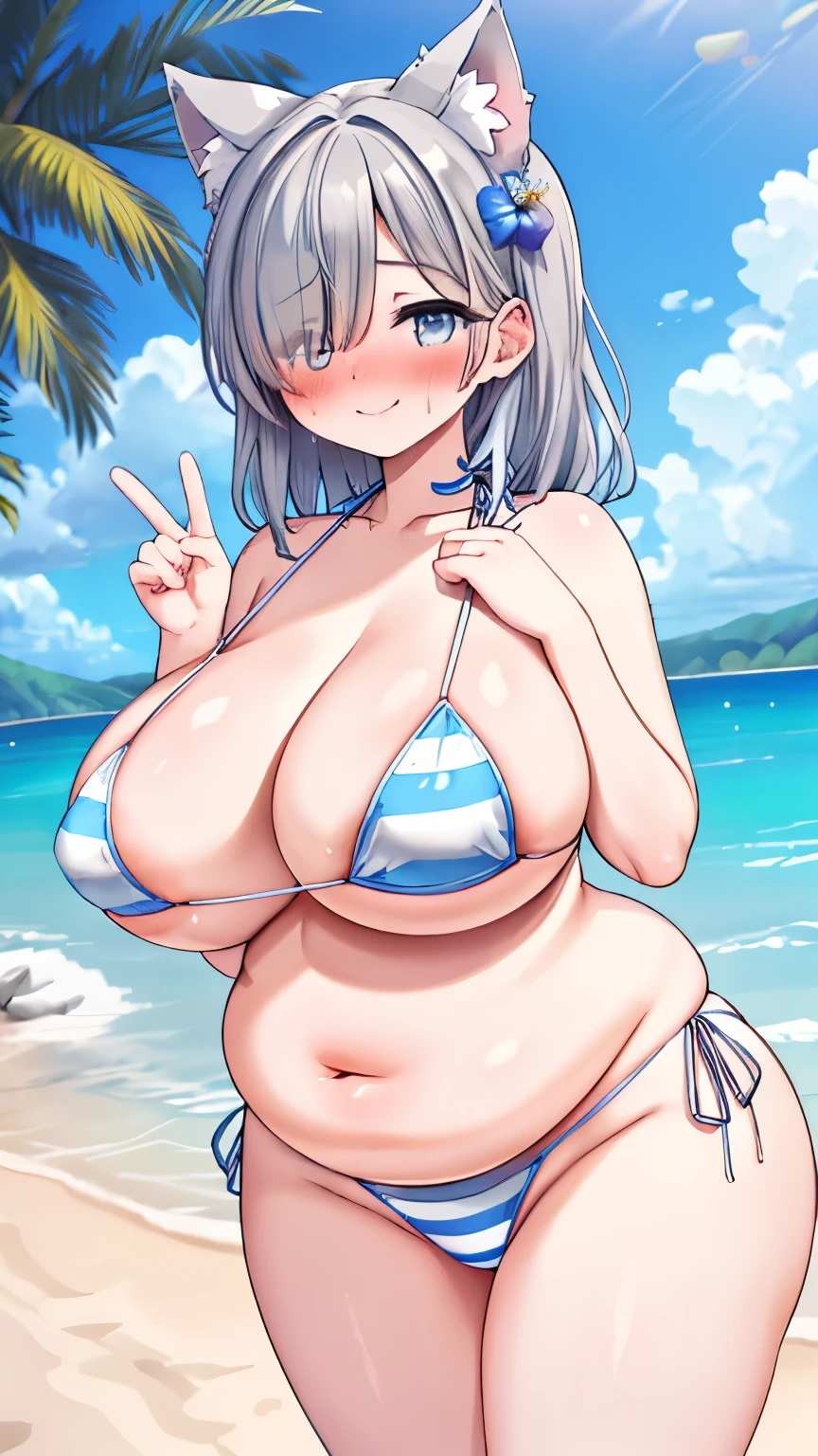MangaHentaiStyleConceptv2, SuperNeg-Test, reiq-37400,
Anime Girls, (masterpiece, highest quality, 8K ultra-high resolution:1.4), beautiful detailed eyes, ultra-detailed, cowboy shot
1girl. solo, mature, adult, milf, facing viewer, looking at viewer, (fat, plump, curvy:1.3), V sign
silver hair, (hair over one eye:1.4), (fox_ear:1.2), silver fox_tails,
smile, horny, sweat, (nervous, blush:1.4),
((Stripe Bikini:1.2)), gigantic sagging breasts, wide hip, big butts, thick thighs, huge nipples, huge areola, pussy line, excessive thick public hairy,
(tropical, Beachside, Flowers: 1.4), Depth of written boundary, Focus of the film, From a dramatic angle, Emotional composition,