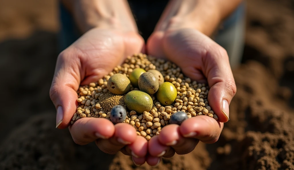 Create a close-up image of a hand holding several different seeds – wheat, Uvas, olives, and gold dust – ready to be planted in fertile soil. Each seed represents a type of investment and the potential future harvest. Ao fundo, show the prepared soil slightly out of focus, with small divisions where the seeds will be planted, symbolizing the diversification strategy. The hand should be positioned in a way that suggests care and intention., highlighting the importance of planting wisely to maximize opportunities.