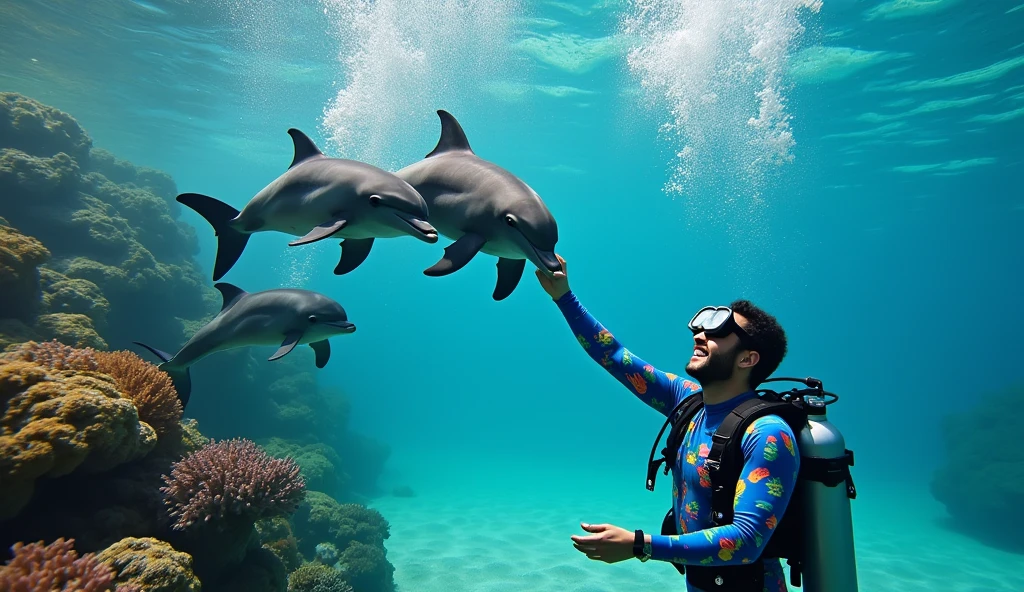Dolphins happily greet humans、Man is wearing scuba diving clothes