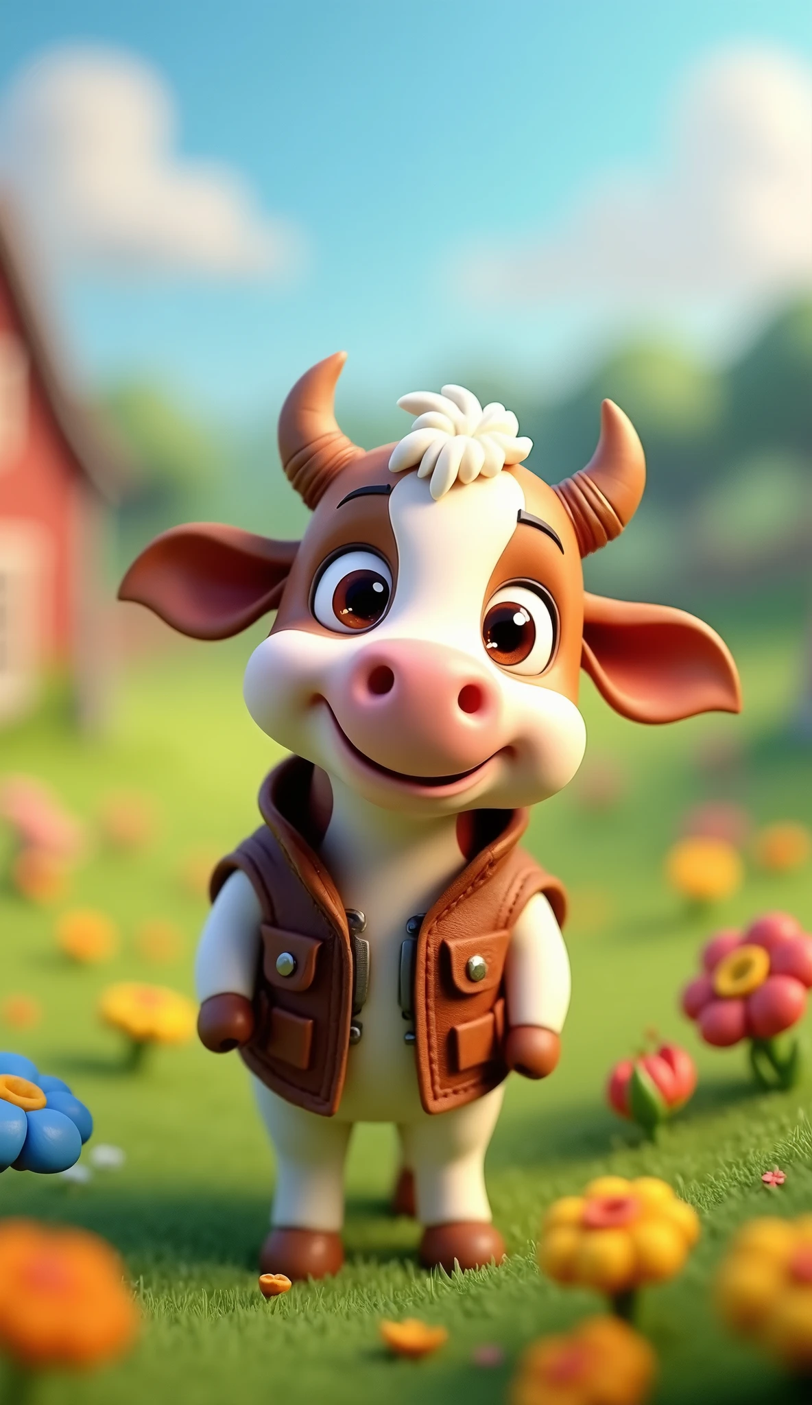 Perfect centering, Looking at the camera, a close up 2/3 of a cartoon cow wearing a leather vest, 3 d animation demo reel, 3d animation, 3 d animation, 3 d animated movie, 3d animated, 3 d animated, tv commercial, clay animation, cgi animation, cute! c4d, cute 3 d render, pixar 3 d animation style, 4 k, 3 d cartoon