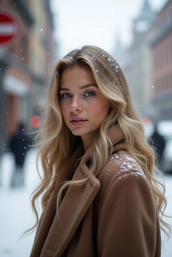 proFessional portrait photograph oF a gorgeous Norwegian girl in winter clothing with long wavy blonde hair, sultry Flirty look, gorgeous symmetrical Face, sweet natural makeup, wearing elegant warm winter Fashion clothing, ((standing outside in a snowy city street)), stunning modern urban environment, ultra realist, conceptual art, elegant, muito detalhado, complicated, sharp Focus, depth oF Fieldd))), bright soFt diFFused light, (volumetric Fog), Trending on Instagram, hdr 4k, 8k