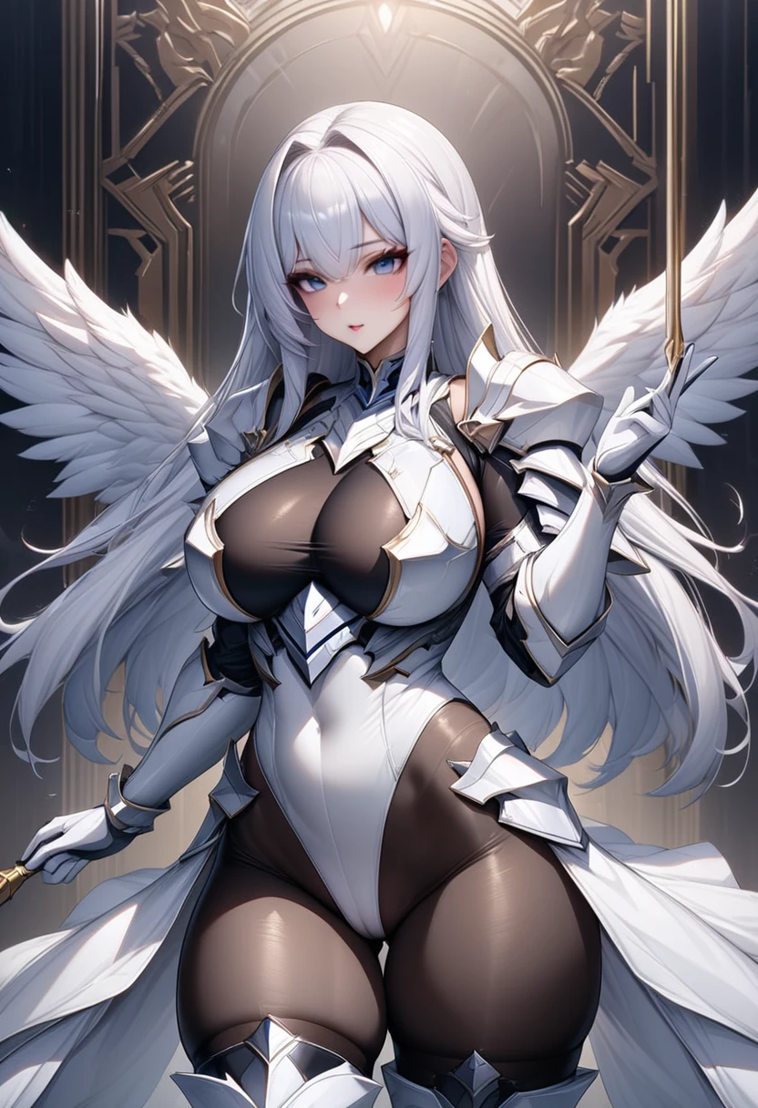 ((highest quality)), ((masterpiece)), ((hyperrealistic)), (solo), 1girl, angel, ((curvy)), ((skindantation: 1.2)), perfect face, ((Azur Lane)), ((white armored dress: 1.3)), ((white paladin armor: 1.3)), ((skin-tight leotard: 1.4)), ((white knight armor breastplate)), ((skin-tight black Investigator Bodystocking)), ((pauldron)), (white long gauntlet gloves), ((silver long straight hair)), ((Compressed soft large breasts)), (tight black pantyhose thighs), ((tight thigh boots)), ((see through cleavage cutout)), (ultra high leg cut: 1.5), zettairyouiki, Perfect and beautiful dark blue eyes, Perfect hands, perfect fingers, (makeup: 0.8), (cameltoe: 0.8), cowboy shot, holding a spear in hand,