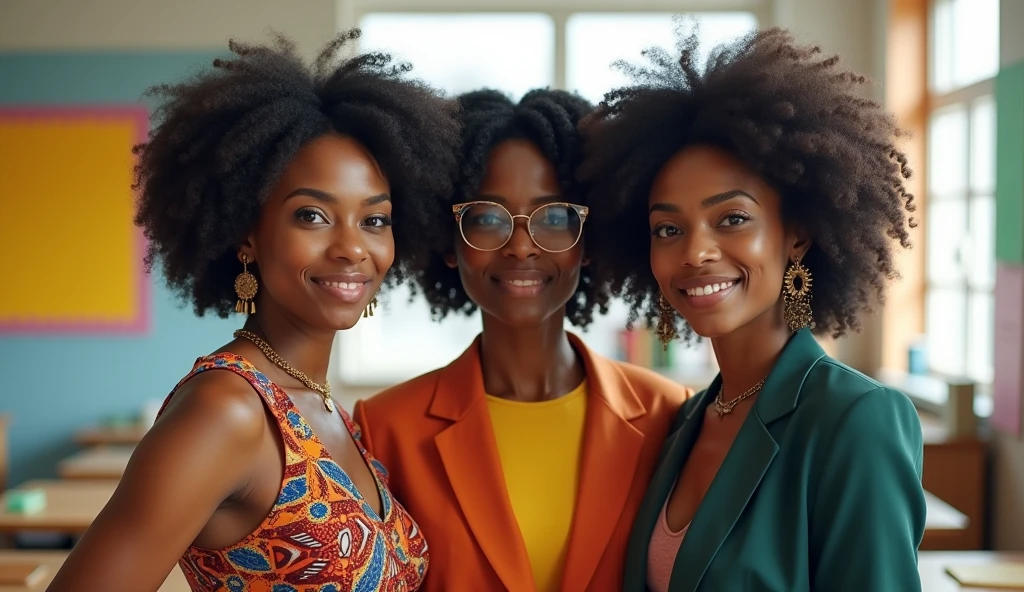 3 femme peau noire natsy,dans une salle de classe,le regard vers nous