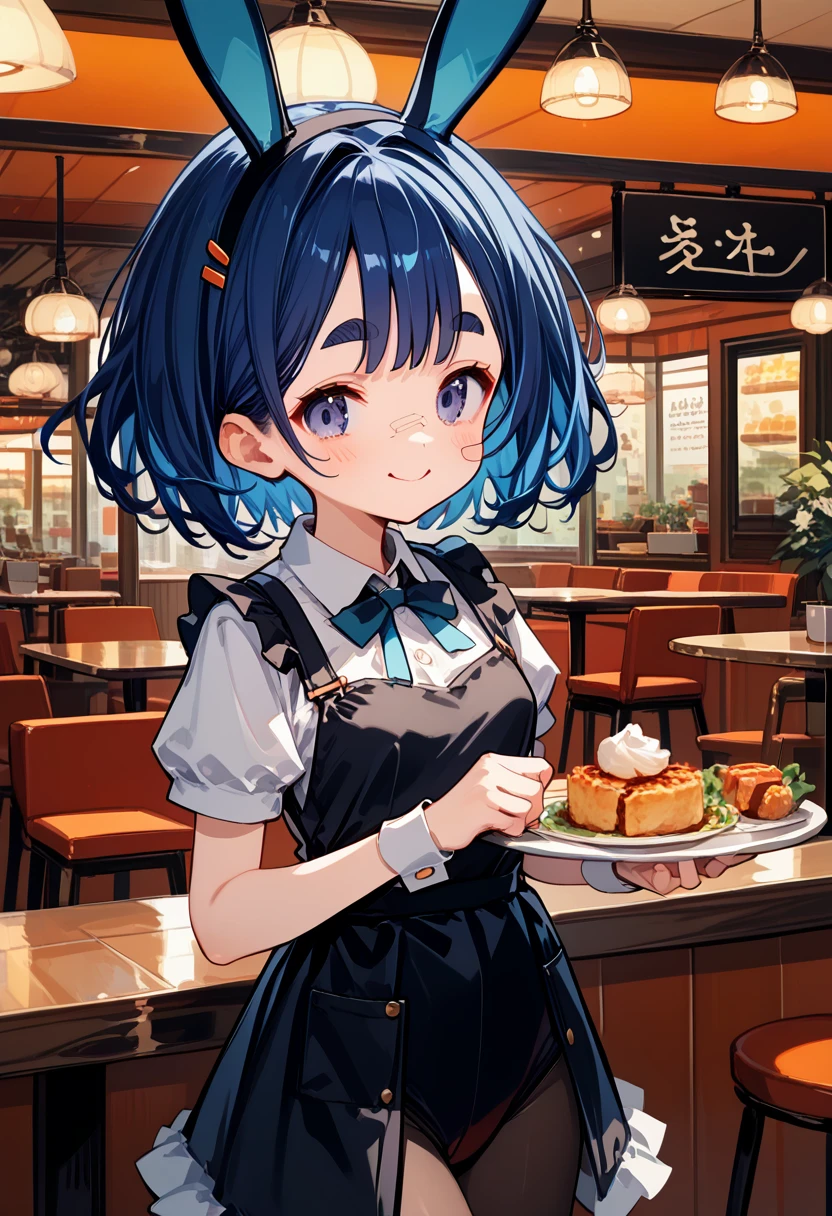 score_9, score_8_up,score_7_up,flat color,(best quality, masterpiece, ultra high-resolution, ultra-detailed,anime style illustration,Cafe worker smiling at customers,cafe Waitress,(Wearing a bunny girl costume in cafe),bunny waitress, BREAK (girl,yo,detailed face,(darkblue hair,wavy-short hair),middle thick eyebrows,middle small breasts),