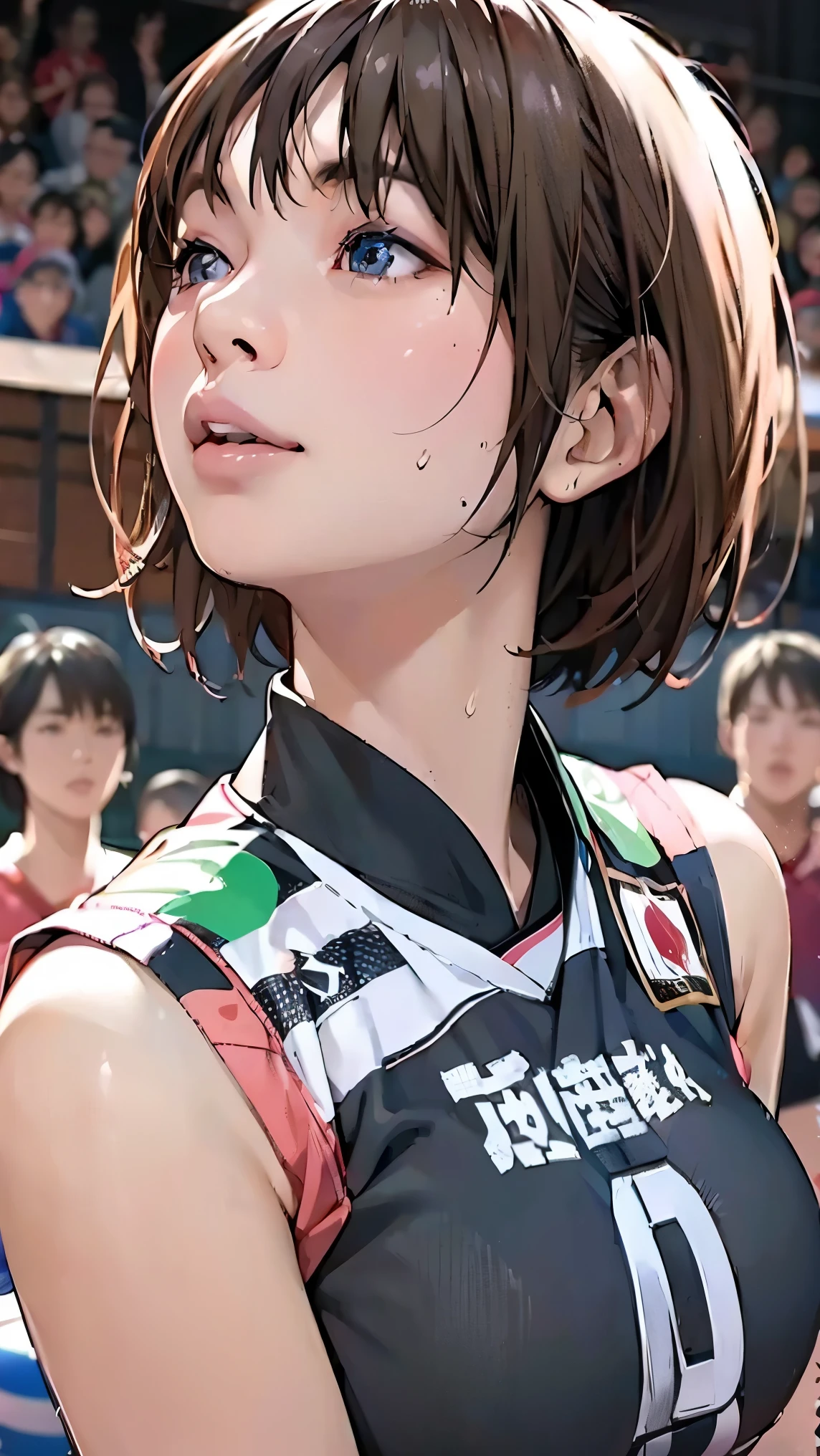perfection、masterpiece、(Highest quality、High resolution:1.2)、 1 person、Beautifully detailed eyes、Beautiful pink lips、Highly detailed eyes and face、Bright colors、HDR、Studio Lighting、Ultra-high definition painting、Sharp focus、Physically Based Rendering、Extremely detailed depiction、moderate bust、perfectionな形、Facing the viewer、Sweat、Look Up、Volleyball Player、((Sleeveless Japanese national volleyball uniform))、Bobcut、Close-up of face