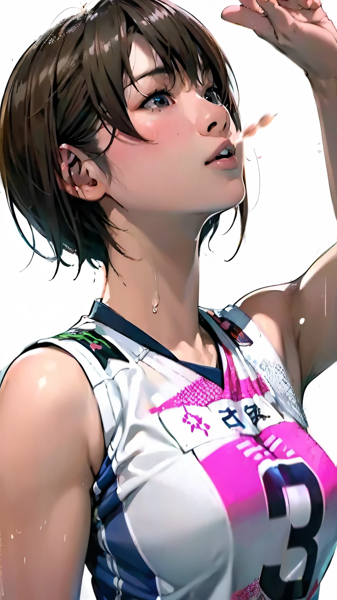 perfection、masterpiece、(Highest quality、High resolution:1.2)、 1 person、Beautifully detailed eyes、Beautiful pink lips、Highly detailed eyes and face、Bright colors、HDR、Studio Lighting、Ultra-high definition painting、Sharp focus、Physically Based Rendering、Extremely detailed depiction、moderate bust、perfectionな形、Facing the viewer、Sweat、Look Up、Volleyball Player、((Sleeveless Japanese national volleyball uniform))、Bobcut、Close-up of face