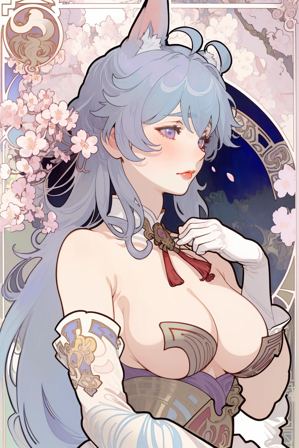 upper body, arms up, elbow squeeze, enormous breasts, (breasts squeezed together), , crop top, (underboob),, upper body, arms up, elbow squeeze, enormous breasts, (breasts squeezed together), White skin, (Fox ears), Exquisite eyes,Red Eyeshadow, Red lips,Fake laugh, Ukiyo-e, masterpiece, ((high quality)), at the lowest limit, Tiny,White boots,Huge breasts, red nipples,,Bare shoulders,,Lace,Lace stockings,Lace skirt, Art Nouveau Style, poster in a theater, (((art by alphonse mucha))), upper body, blush, profile ,(masterpiece, finely detailed beautiful eyes: 1.2), 1girl, solo, beautiful, small details, ultra detailed, best quality, intricate, sharp, digital illustration, detailed, ((cherry blossoms)), ganyu \(genshin impact\), 1girl, ahoge, bangs, bare shoulders, bell, black gloves, ((light blue hair)), blush, breasts, chinese knot, detached sleeves, flower knot, gloves, long hair, neck bell, night, outdoors, purple eyes, sidelocks, solo, tassel, white sleeves, ((masterpiece)), curly hair