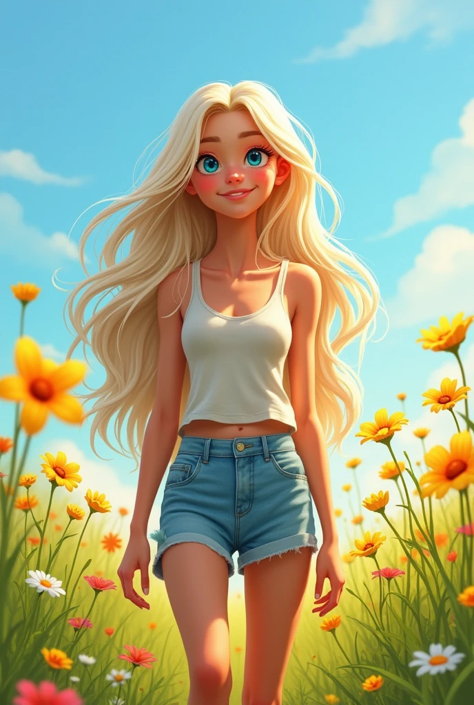 A tall athletic girl with long wavy platinum blonde hair and blue eyes , a des fossettes 