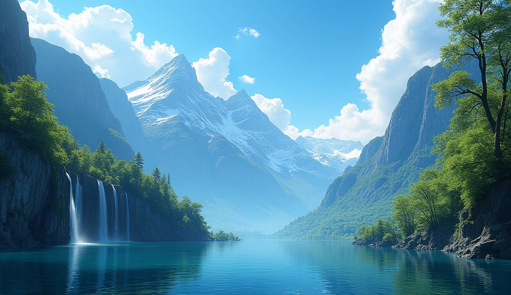masterpiece, best quality, high quality, Extremely detailed CG unity 8k wallpaper, landscape, outdoor, Sky, cloud, Sky, No humans, Mountain, landscape, water, Tree, blue Sky, waterfall, cliff, nature, lake, river , cloudy skies, Award-winning photography, Bokeh, Depth of Field, HDR, bloom, Chromatic Aberration, Photorealism, Very detailed, Popular on artstation, Popular on CGsociety, complex, High Detail, dramatic, Art on the go