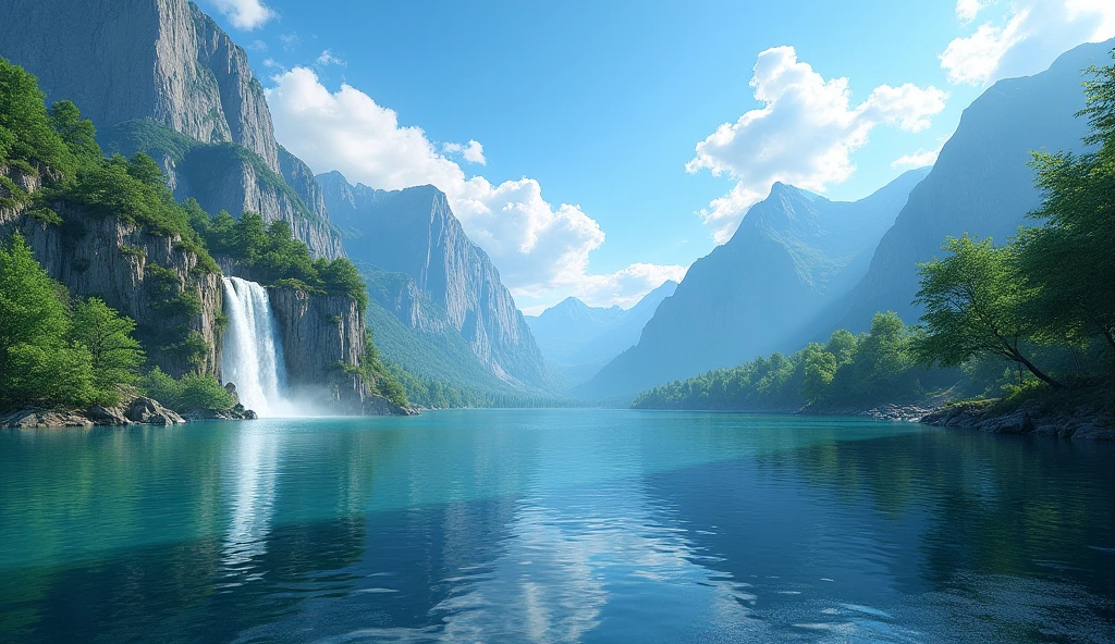 masterpiece, best quality, high quality, Extremely detailed CG unity 8k wallpaper, landscape, outdoor, Sky, cloud, Sky, No humans, Mountain, landscape, water, Tree, blue Sky, waterfall, cliff, nature, lake, river , cloudy skies, Award-winning photography, Bokeh, Depth of Field, HDR, bloom, Chromatic Aberration, Photorealism, Very detailed, Popular on artstation, Popular on CGsociety, complex, High Detail, dramatic, Art on the go