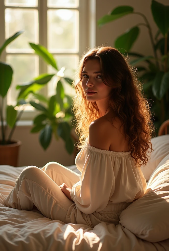 (photorealism:1.2), beautiful woman, sitting on bed, wearing loose off-shoulder top, pajama pants, long curly hair, indoors, soft lighting, plants in background, window with sunlight, cozy room, relaxed pose, realistic, intricate details, warm colors, by Greg Rutkowski, by Alphonse Mucha