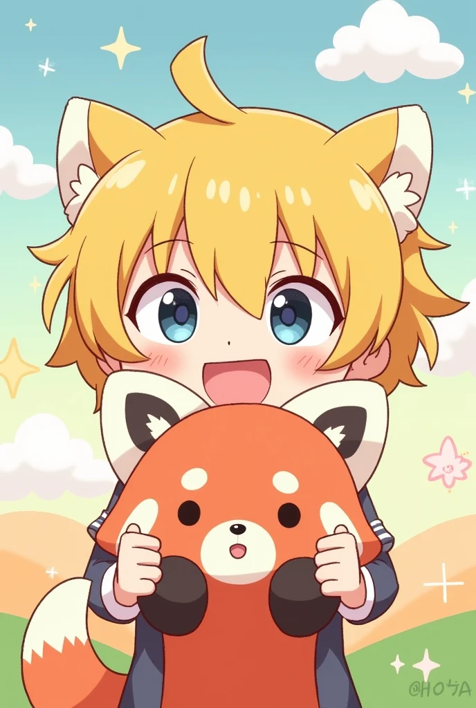Cute yellow hair, shota, short hair, icon of a red panda holding a stuffed animal, illustration, eyes and mouth open, not the same as the stuffed animal