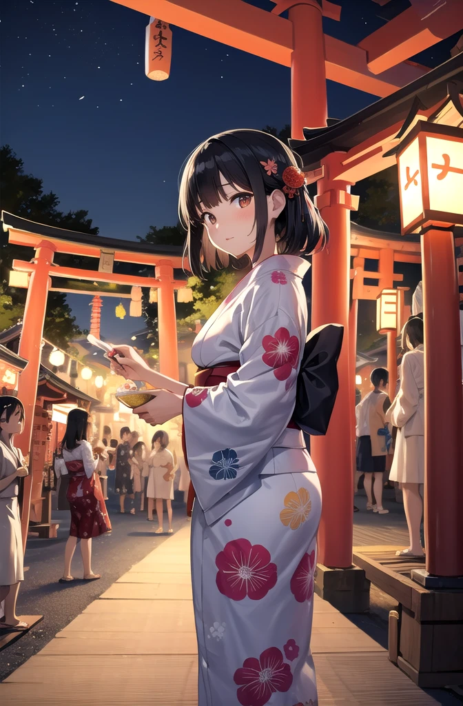shaved ice,yukata,Black Hair,Summer festival,night,stall,shrine,torii,