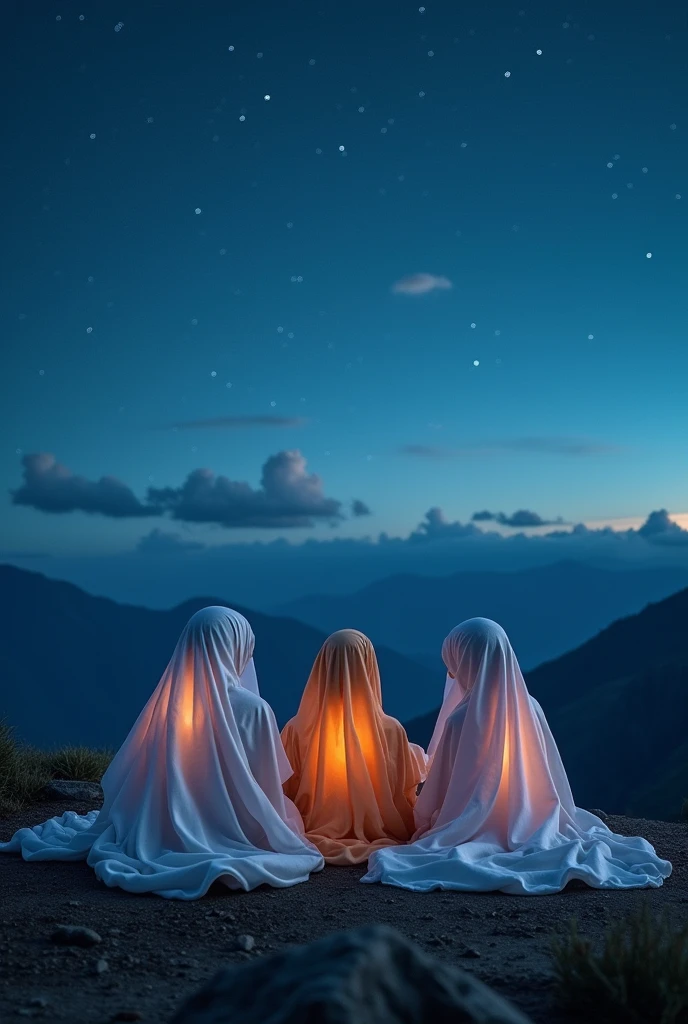 Three of bros wearing ghost costume and chilling on the top of the mountain beautiful night scene
