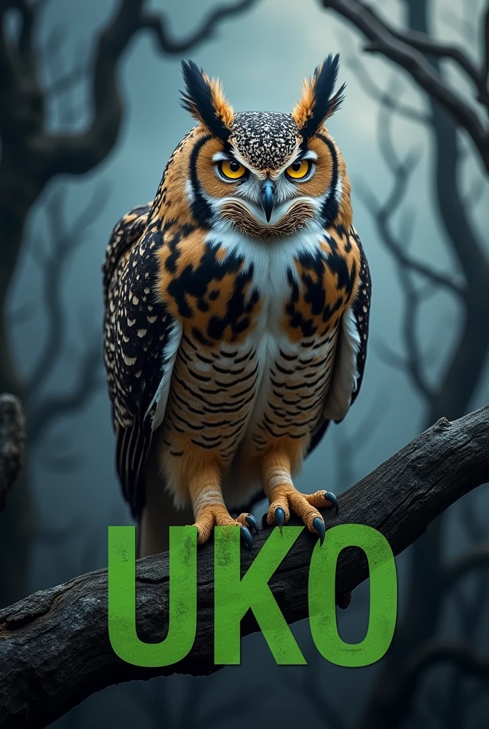 Create a picture of a Siberian Eagle Owl, which has the letters UKO in big green letters below the claws. The eagle owl should look aggressive 