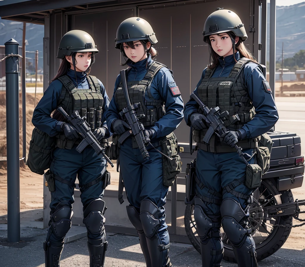 A group of female special forces soldiers wearing helmets，Wearing navy blue uniform、Military Pants、Individual equipment set、Knee pads、Military base gate，Write details、masterpiece、best quality、Highly detailed CG、8K picture quality