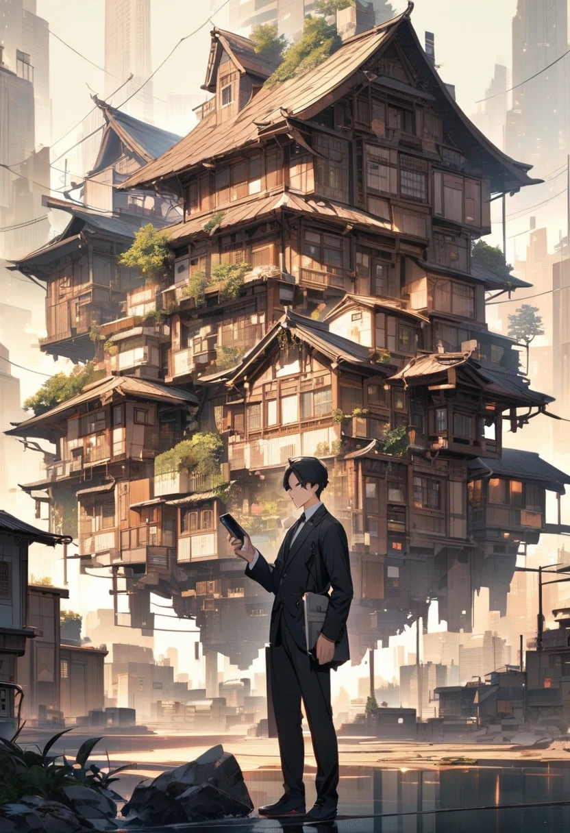 A handsome boy is holding a house in his left hand and a phone in his right hand  background are tall buildings.
