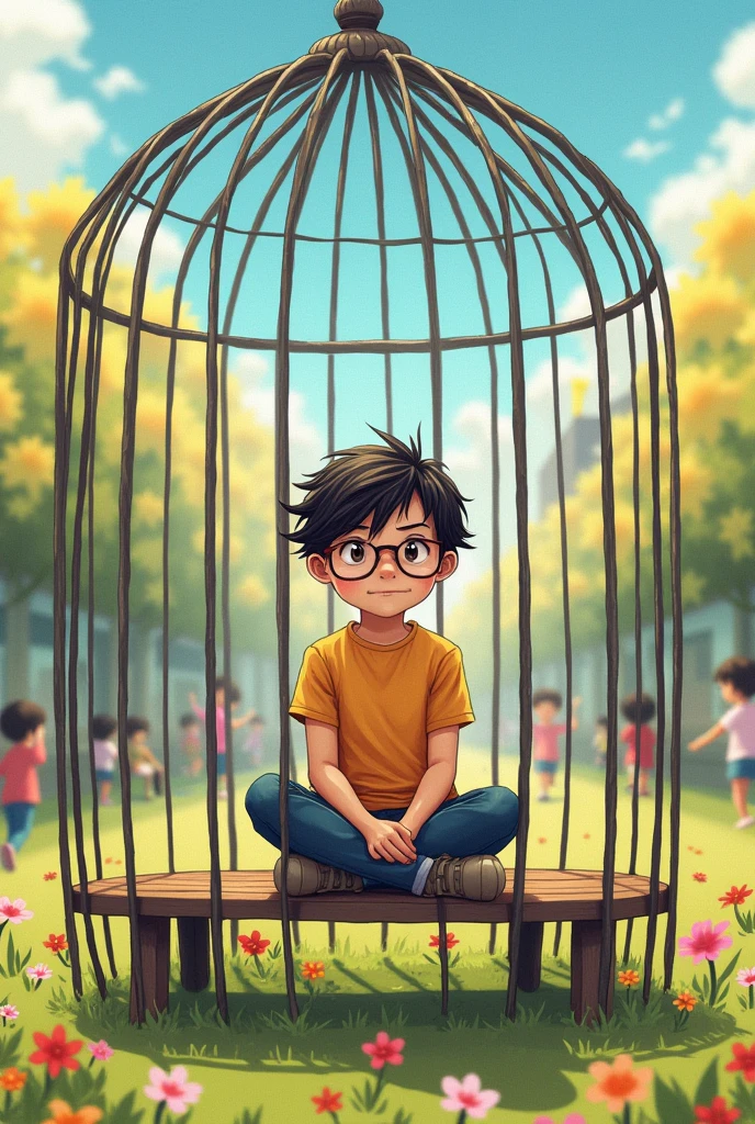 a student sitting on a bench inside a cage very easy drawing