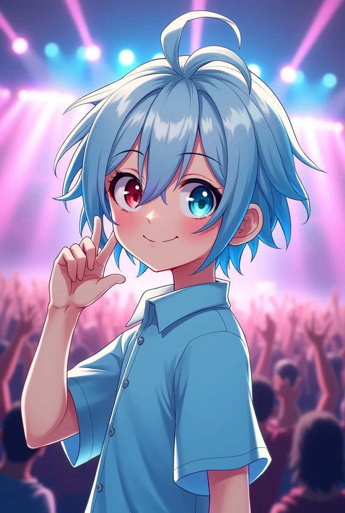 Male, 2d, anime, light blue shirt, light blue hair combined with white, left eye red, right eye aqua, funny, idol, adult